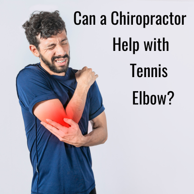 Man in blue shirt grabs his elbow and wonders "Can a chiropractor help with tennis elbow"