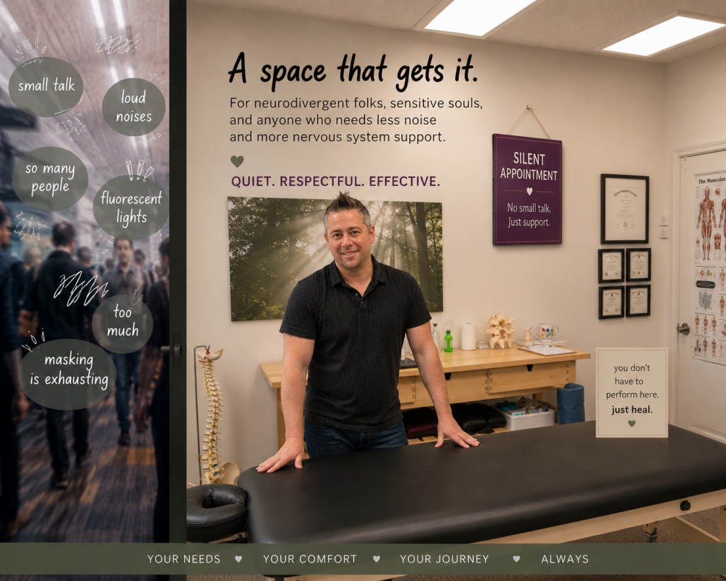 is there a chiropractor in oakland who offers silent appointments? the wording in the background asks about loud noises, masking, and overwhelm as Dr. Baird stands in front of his chiropractic table offering a silent appointment
